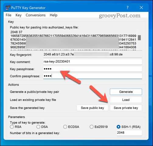 שמירת מפתח SSH ב-Puttygen