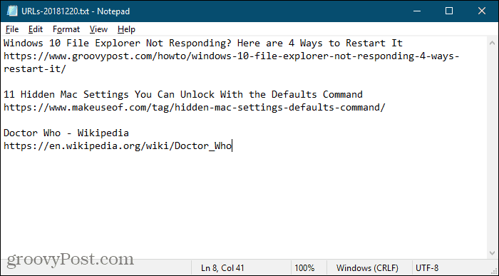 כתובות URL של כרטיסיות מהרחבת TabCopy נשמרות ב- Notepad