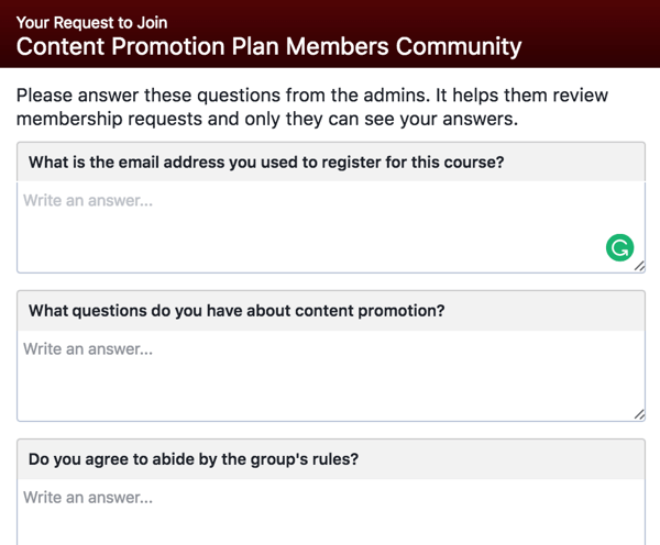 בקש מחברי קבוצת פייסבוק פוטנציאליים לענות על שאלות כשירות.