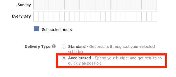 טיפים להורדת עלויות המודעות שלך בפייסבוק, אפשרות לבחור הצגת מואץ לקמפיין שלך
