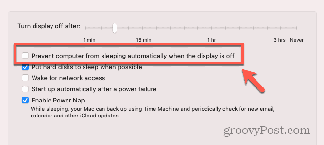 תיבת הסימון של mac למנוע מ-mac לישון כשהתצוגה כבויה
