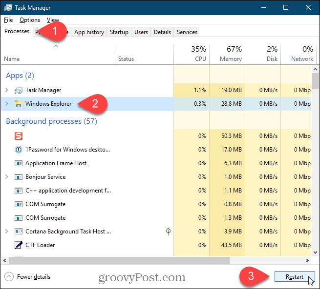 בחר בתהליך סייר Windows ולחץ על הפעל מחדש ב- Windows 10