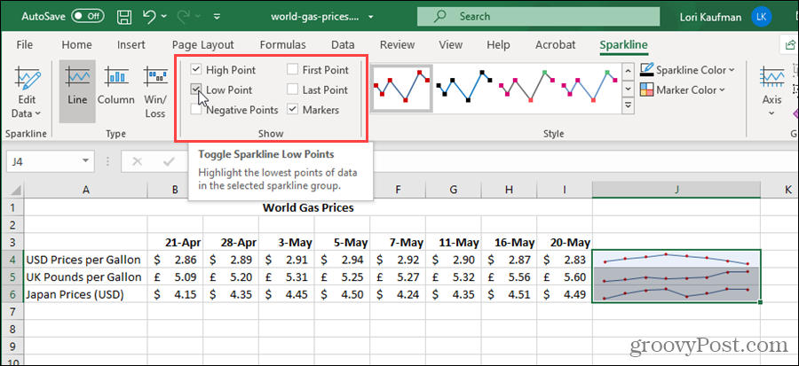 הצג אפשרויות עבור Sparklines ב- Excel