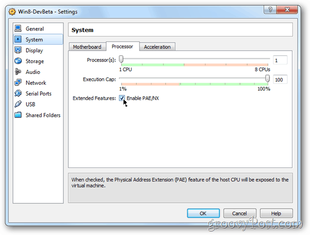 מעבד מערכת הגדרות VirtualBox מאפשר למעבד Windows XP / NX CPU 8