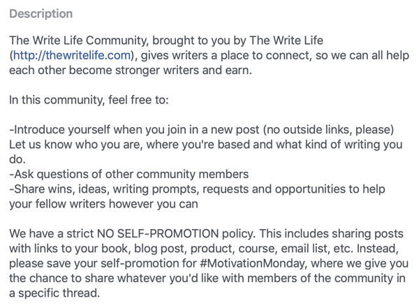כיצד לשפר את קהילת קבוצות הפייסבוק שלך, דוגמה לתיאור וכללי קבוצות בפייסבוק על ידי קהילת כתיבת החיים