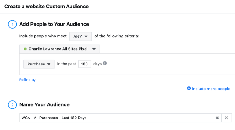 להקים אתר פייסבוק קהל מותאם אישית של מבקרים שרכשו ב -180 הימים האחרונים