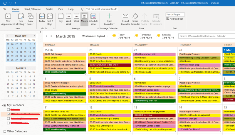 אסטרטגיית שיווק ברשתות חברתיות; צילום מסך של לוח השנה של Outlook שלנו כדי להראות כיצד אנו מתזמנים כל פעולת יישום בכדי להבטיח שהיא תיעשה.