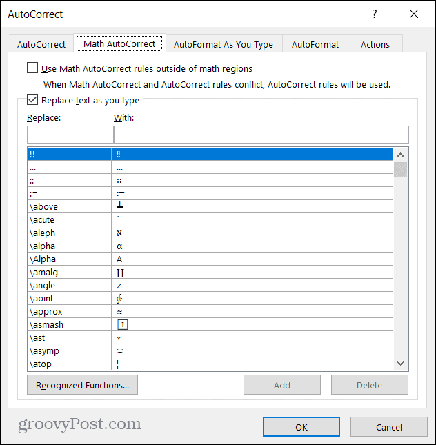 תיקון אוטומטי במתמטיקה ב- Word ב- Windows