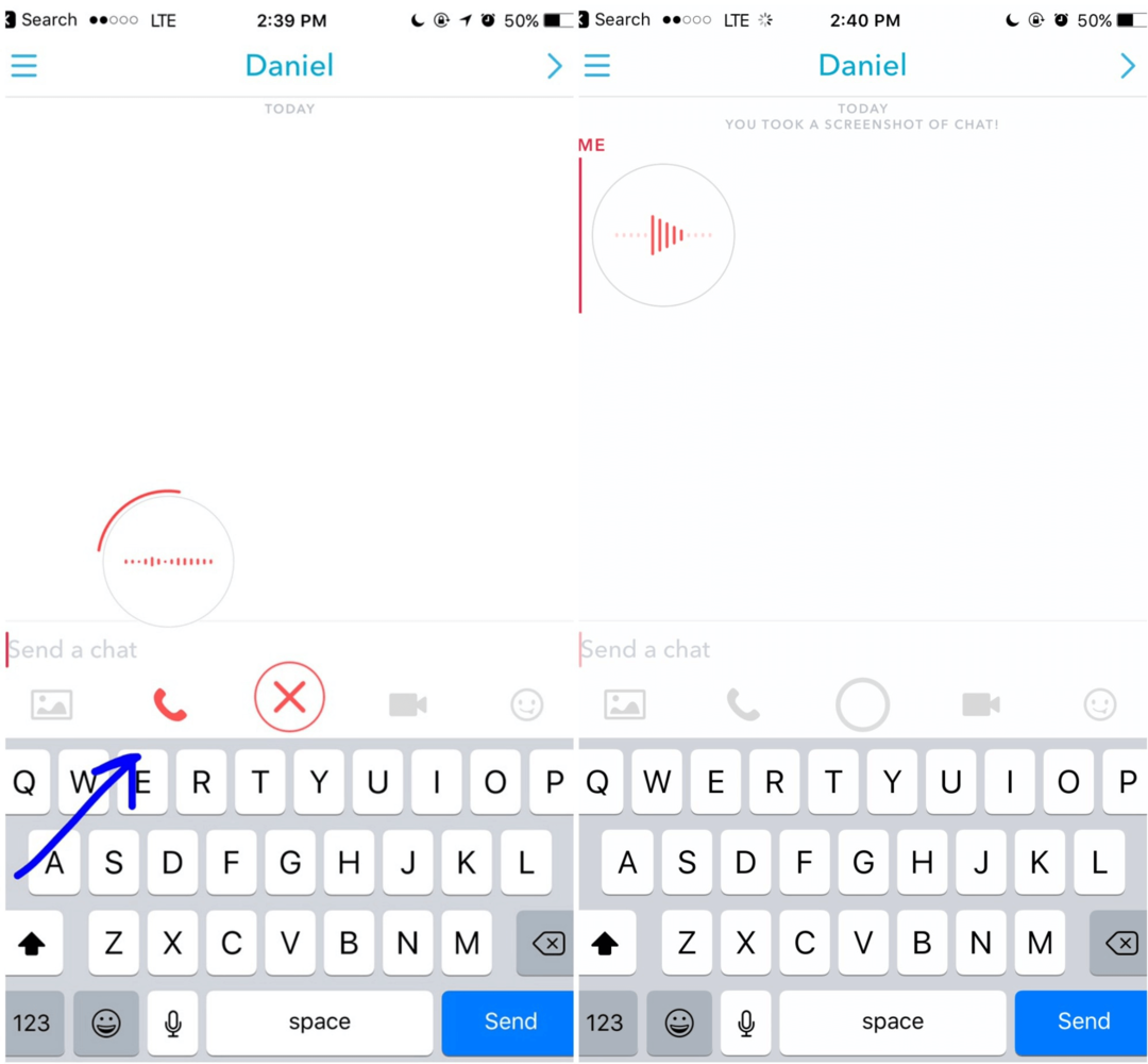 ב- Snapchat, החזק את סמל הטלפון לחוץ כדי להקליט הודעה קולית שהלקוח שלך יראה בפעם הבאה שייכנס.