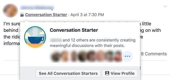 כיצד לשפר את קהילת קבוצות הפייסבוק שלך, דוגמה לתג קבוצת הפייסבוק 'שיחה מתחילה' לצד שם חברי הקבוצה והקופץ שמזהה חברי קבוצה אחרים שחולקים את התג הזה.