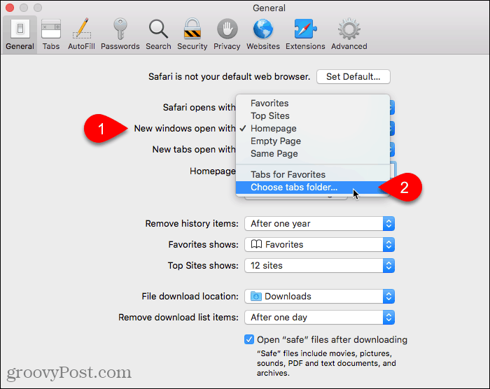 בחר באפשרות תיקיית כרטיסיות עבור חלונות חדשים שנפתחים עם ההגדרה ב- Safari ב- Mac
