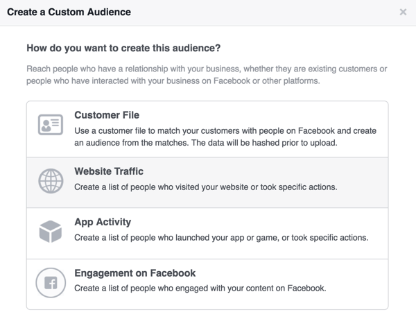 בחר תעבורת אתרים להגדרת קהל מותאם אישית של פייסבוק של מבקרים באתר.