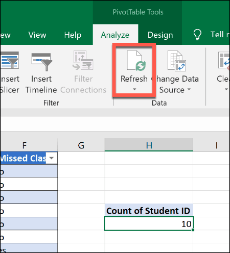 רענון טבלת ציר ב- Excel