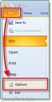 ב- Microsoft Outlook 2010, לחץ על סרט הקובץ כדי להיכנס לתפאורה ואז לחץ על כפתור האפשרויות