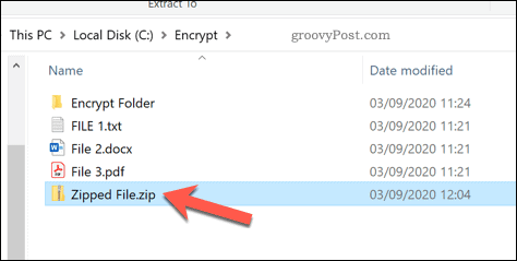 פתיחת קובץ zip ב- Windows 10