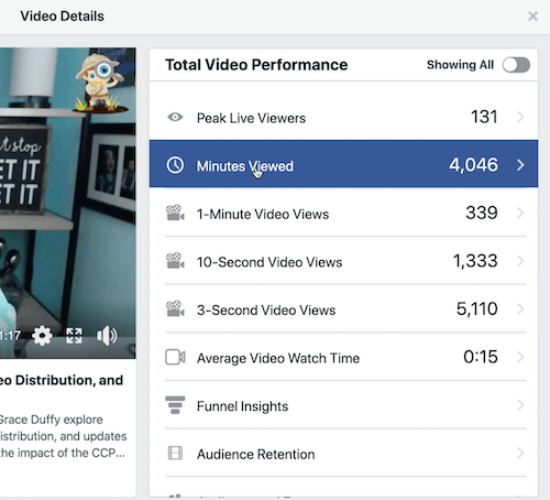 דוגמה לגרף של פייסבוק לשימור קהל תחת הסעיף הכולל של ביצועי הווידאו