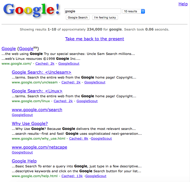 כיף שישי: חזור לאינטרנט 1.0 מאת Googling "Google בשנת 1998"