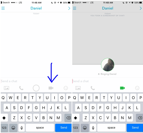 כדי לבצע שיחת וידאו של Snapchat, הקש על סמל הווידאו בשיחה הפתוחה שלך עם לקוח.