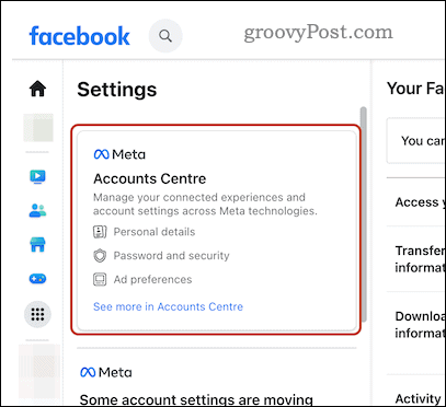 פתח את אפשרויות מרכז החשבונות של פייסבוק