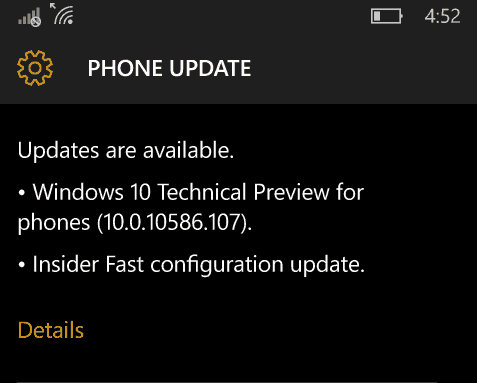 תצוגה מקדימה של Windows 10 Mobile Insider בנה 10586.107 ושחרר את טבעת התצוגה המקדימה