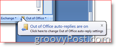 בפינה הימנית התחתונה של Outlook 2007 - תזכורת מופעלת תשובות אוטומטיות מחוץ למשרד