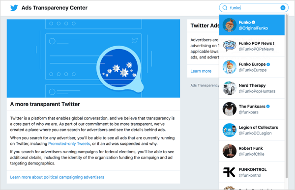 ALT כדי להציג מודעות לעסק, עבור אל מרכז השקיפות של Twitter. 