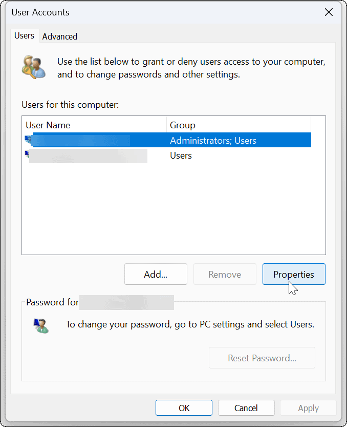 מאפייני חשבון Windows 11