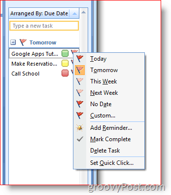 סרגל המטלות של Outlook 2007 - לחץ באמצעות לחצן העכבר הימני לתפריט אפשרויות