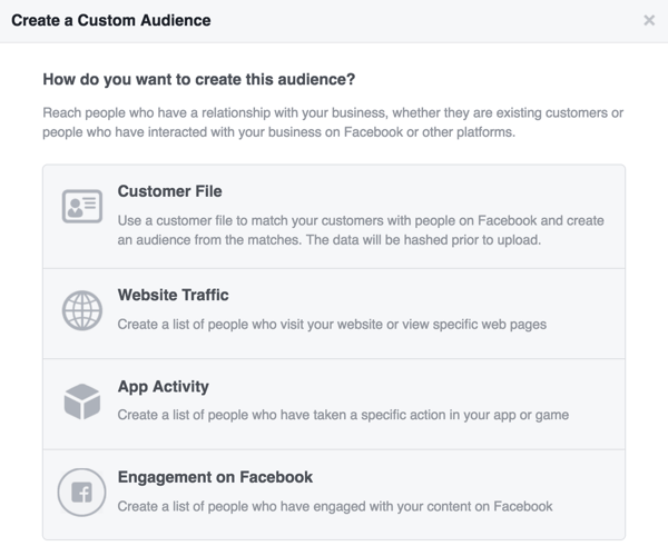 בחר את המקור שבו ברצונך להשתמש עבור הקהל המותאם אישית שלך בפייסבוק.