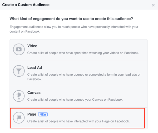 בחר עמוד כדי ליצור את הקהל המותאם אישית שלך בפייסבוק.