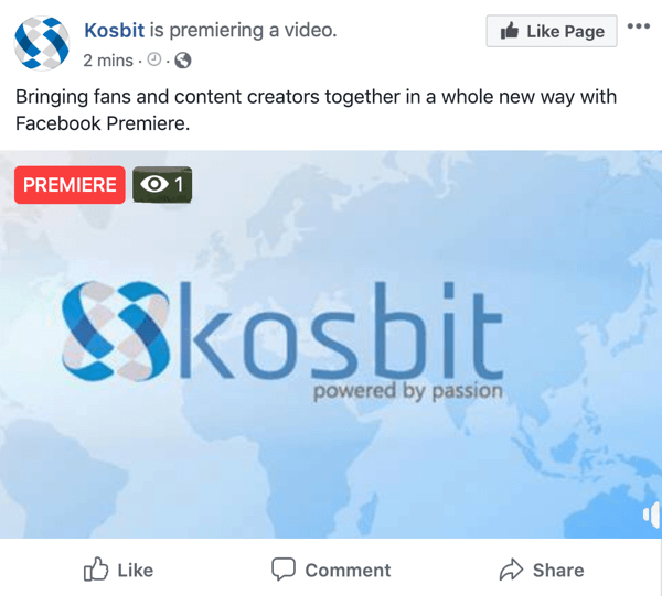 דוגמת בכורה בפייסבוק מאת kosbit, בכורה בווידיאו
