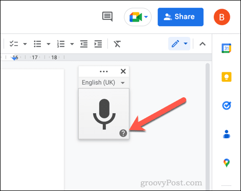לחצן עזרה בהקלדה קולית של Google Docs