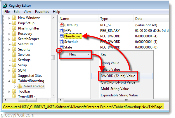 הוסף מספרים ל- HKEY_CURRENT_USERS תוכנה של מיקרוסופט Explorer InternetTabbed גלישה NewTab דף