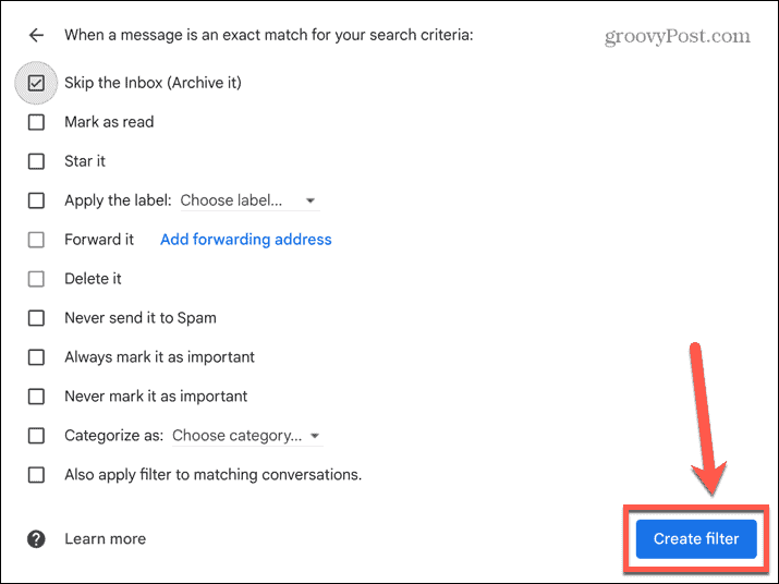 לחצן יצירת סינון של Gmail