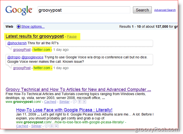 GroovyPost וחיפוש בזמן אמת של גוגל