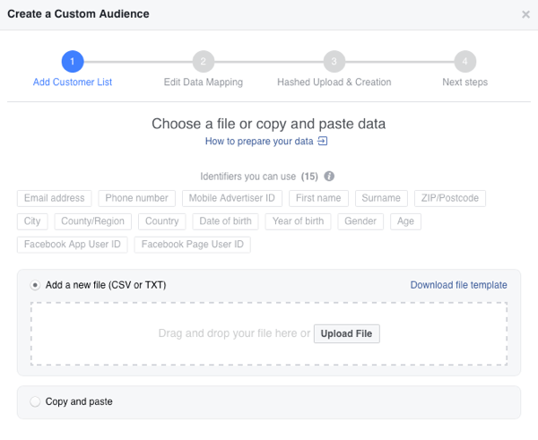 העלה את רשימת הדוא"ל שלך כקובץ CSV ליצירת קהל הדוא"ל המותאם אישית שלך בפייסבוק.