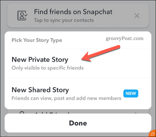 צור סיפור פרטי חדש של Snapchat