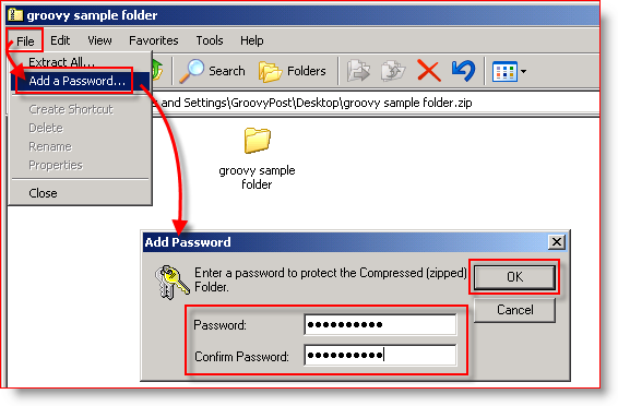 דחיסה מובנית Windows XP - הוסף סיסמא