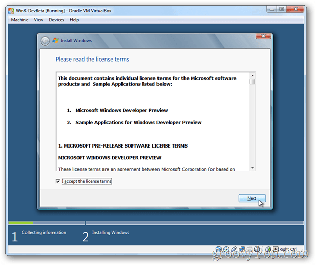 VirtualBox Windows 8 eula מקבלים רישיון