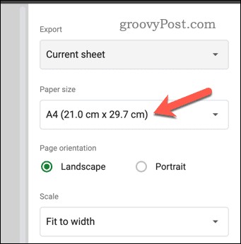 הגדר את גודל הנייר בתצוגה מקדימה של ההדפסה של Google Sheets