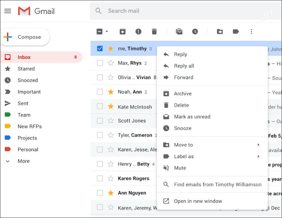 תפריט ההקשר לחץ באמצעות לחצן העכבר הימני של Gmail