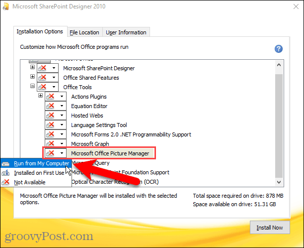 אפשר הפעלה מהמחשב שלי עבור מנהל תמונות של Microsoft Office בהתקנת Sharepoint Designer