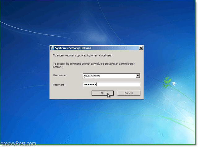 הזן את שם המשתמש והסיסמה שלך לשחזור מערכת Windows 7