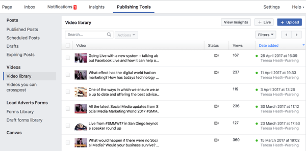 תוכל לגשת לספריית הווידיאו המלאה שלך בפייסבוק תחת כלי פרסום.