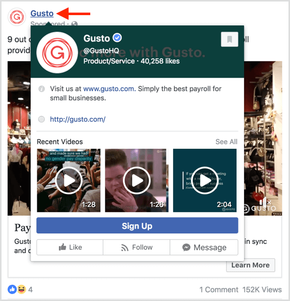 משתמשים רואים תצוגה מקדימה כאשר הם מרחפים מעל דף במודעות פייסבוק.
