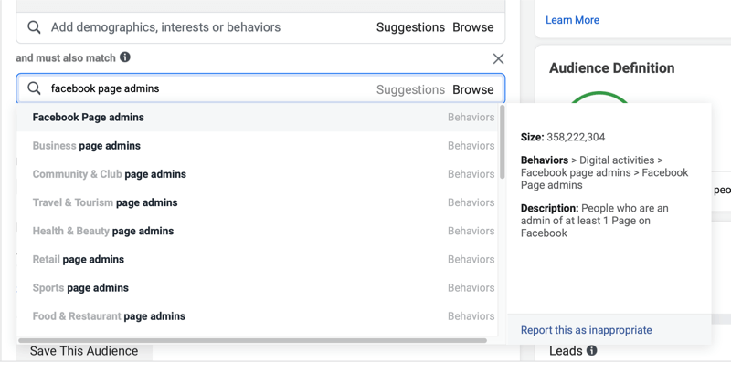 הגדרות דמוגרפיה של מודעות בפייסבוק מוסיפות את הקריטריונים 'וחייבים להתאים גם' ל'מנהלי עמוד בפייסבוק '