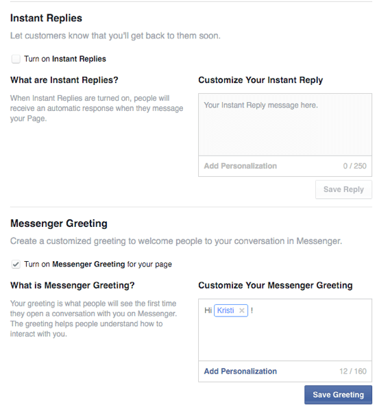 אפשרויות לתשובות וברכות מיידיות בפייסבוק