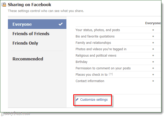 תחת שיתוף בפייסבוק, לחץ על התאמה אישית של הגדרות