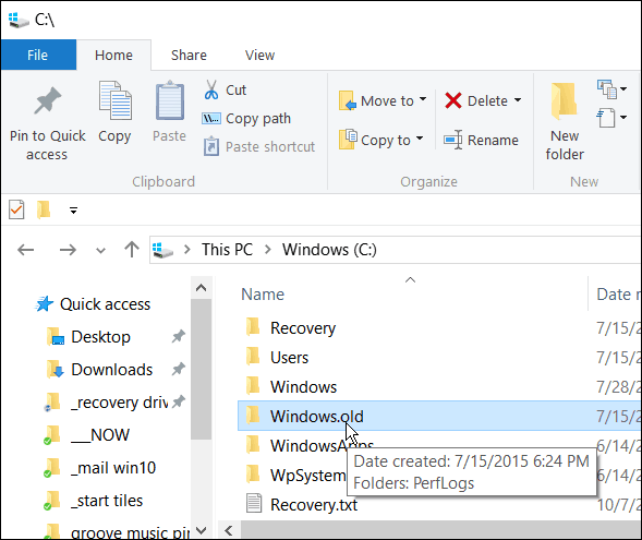 אל תמחק את Windows.old אם ברצונך לחזור מ- Windows 10 לגירסה קודמת בשלושים הימים הראשונים