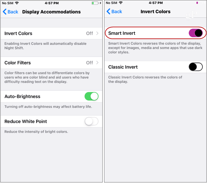הגדרות מצב כהה של iOS הופכות צבעים